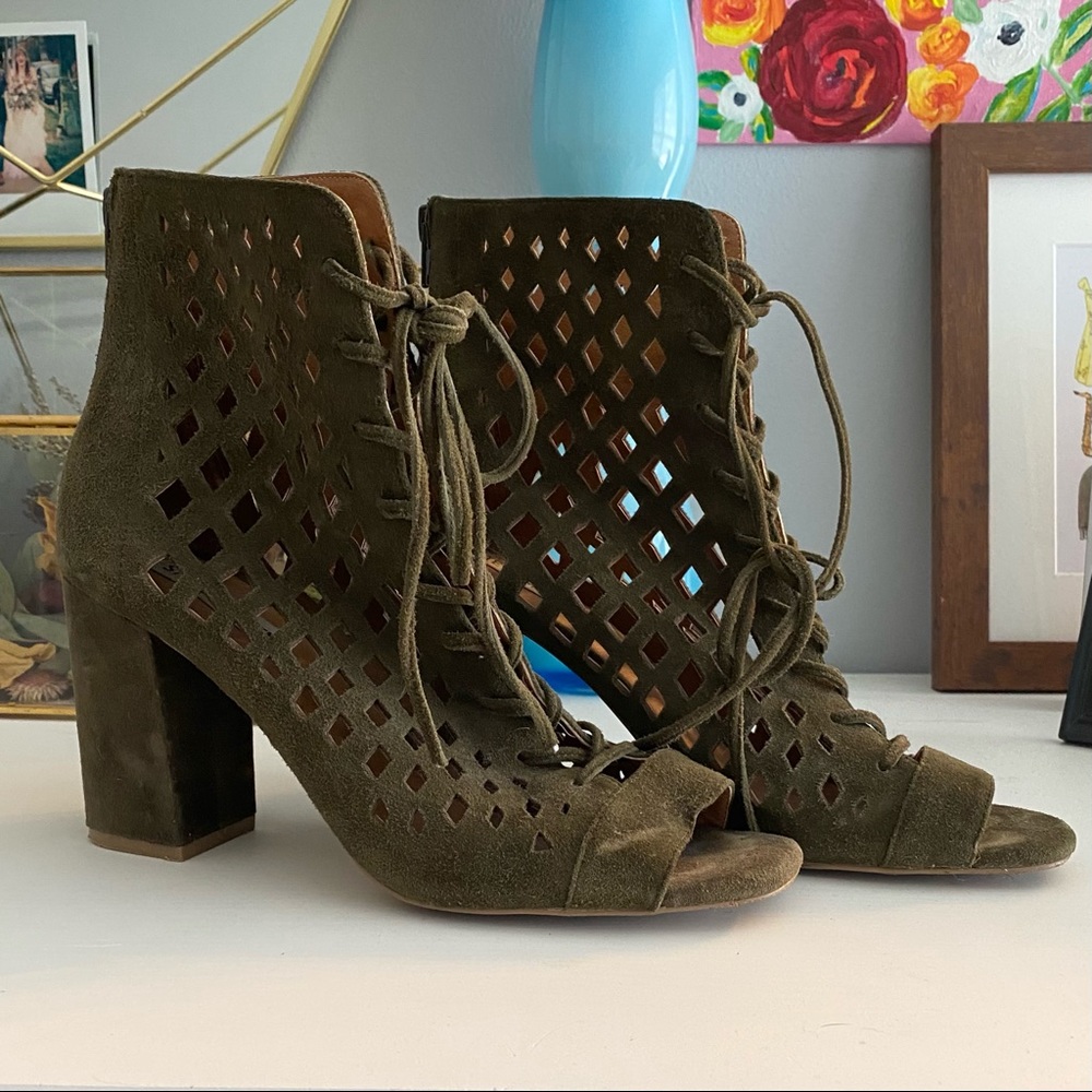 Steve Madden Olive Green Suede Open Toe Booties